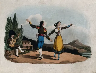 A Spanish couple are dancing the boleras accompanied by a man playing the guitar