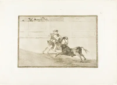 A Spanish mounted knight in the ring breaking short spears without the help of assistants, plate 13 from The Art of Bullfighting