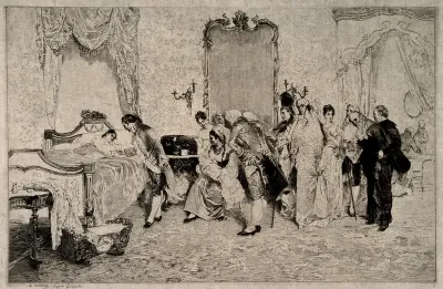A Spanish nobleman congratulating his wife on the birth of a child, the court are also in attendance