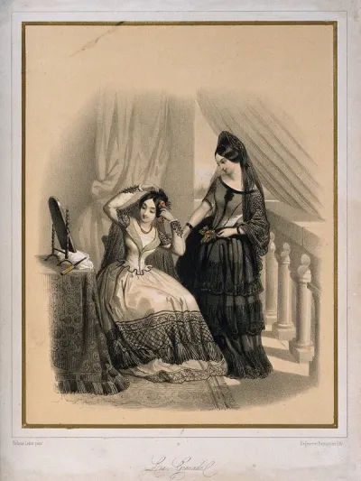 A Spanish woman arranging her hair with flowers at her dressing table; another woman assists by passing her flowers