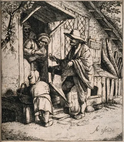 A spectacles vendor showing his wares to an old woman on her doorstep