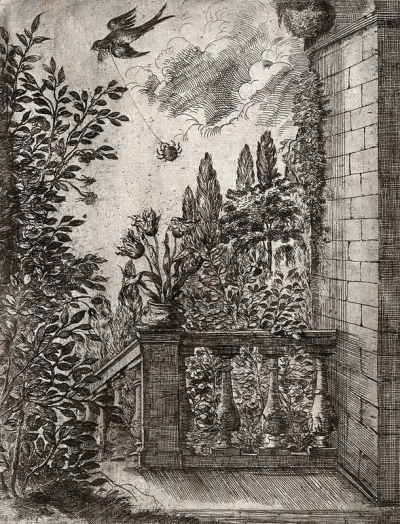 A spider, annoyed by a swallow which was catching all the flies, plans to catch the swallow in its web, but is shown to be deluded when the swallow carries off both the spider and the web; illustration of a fable