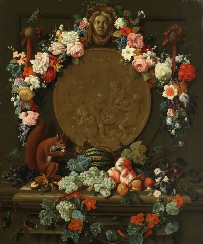 A squirrel on a stone ledge with a still life of fruit, before a medallion garlanded with flowers