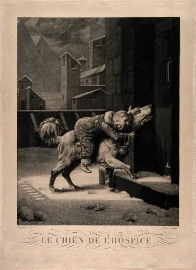 A St. Bernard dog brings an avalanche victim to a hospice in the Alps. Stipple engraving by Dibart Castel, 1820, after P.A.A. Vafflard