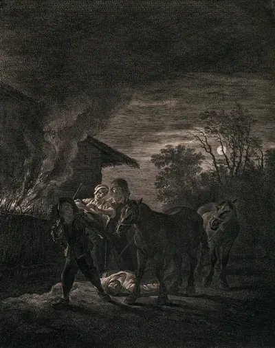A stable on fire at night: a man leads two horses past a lamenting couple and a dead man