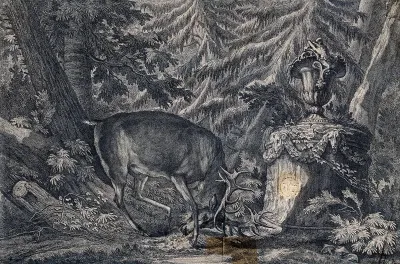 A stag carrying a head of ten tines fraying its head in front of a monument in the forest