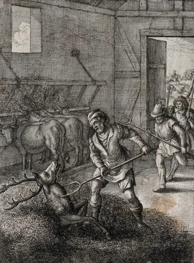 A stag hiding in a haystack is discovered by the pitchfork of the farmhand; illustration of a fable by Aesop