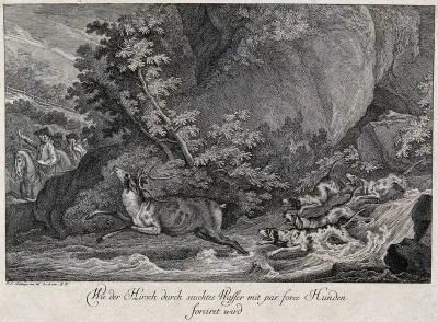 A stag is chased by four dogs through a river with three mounted huntsmen in the background