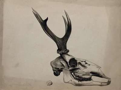 A stag's skull in profile from the right