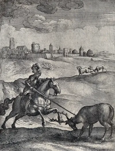 A stag with lowered head is meeting the charge of a mounted knight; illustration of a fable by Aesop