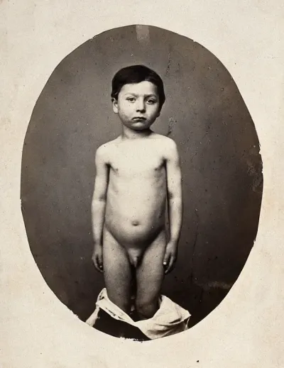 A standing child, naked, viewed from the front; his shoulders are uneven