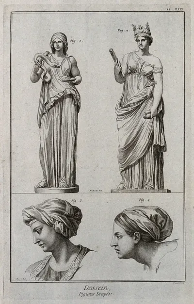 A standing female figure representing health; a standing female figure of Ceres; two female heads in profile