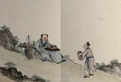 A standing figure offers a seated figure some food