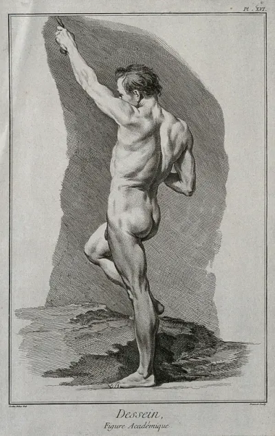 A standing male nude figure seen from behind