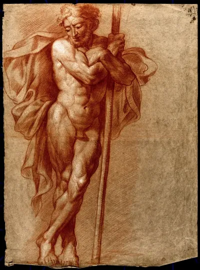 A standing male nude with cloak: arms folded around a staff