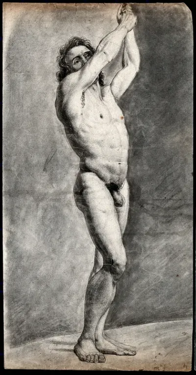 A standing male nude with his arms raised