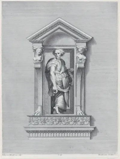 A standing man in a niche looking toward the left