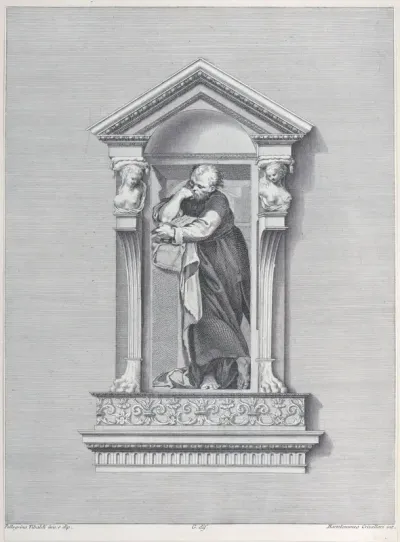 A standing man in a niche with his elbow resting on a column