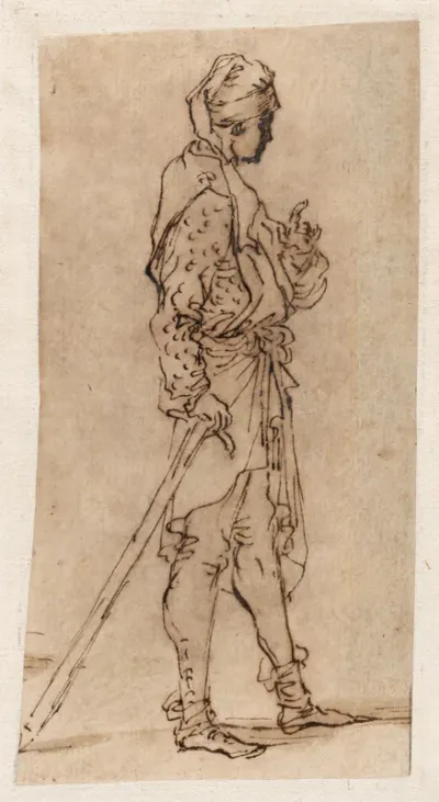 A Standing Man Leaning on a Stick
