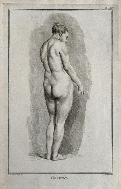 A standing nude female figure seen from behind