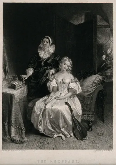 A standing woman showing a portrait miniature to a young seated woman