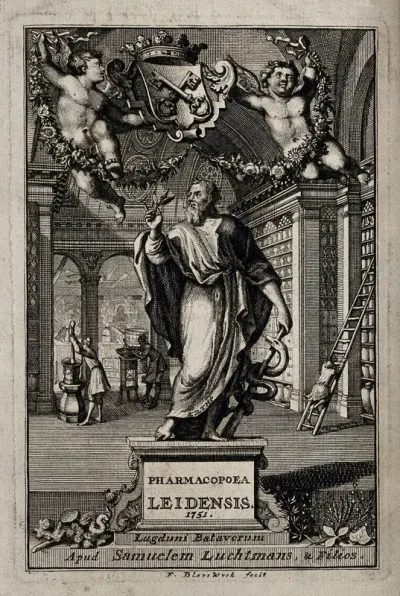 A statue of Aesculapius holding his staff and a plant stands in a large pharmacy below the coat of arms of Leiden; men working in the pharmacy in the background; representing the pharmacopoeia of Leiden
