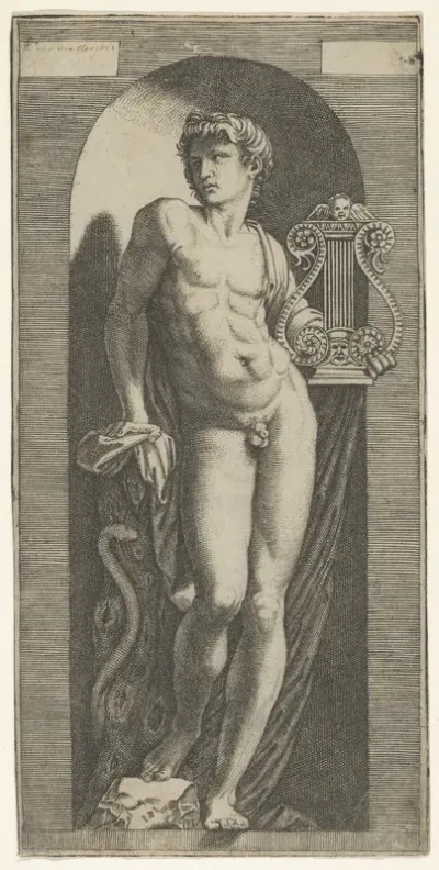 A statue of Apollo, naked standing in a niche, holding a lyre in his left hand and leaning on a tree trunk