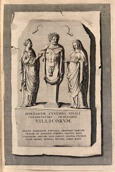 A statue of Priapus, the guardian of gardens and god of natural reproduction, flanked by two female statues