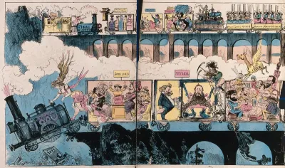 A steam locomotive is falling off the edge of a broken bridge, with a woman hanging on to the back