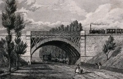 A steam train is travelling across a viaduct at Nanterre with a road, a carriage and horses underneath