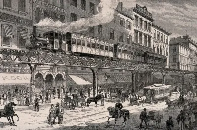 A steam train travelling on a track situated along the sidewalk above the level of the shops in New York; carriages and horse-drawn trolley buses are in the street