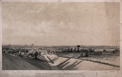 A steam train travelling on the London and Croydon Railway towards London Bridge