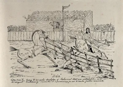 A steeplechase race: Gladstone's horse "Tynecastle" refuses to jump a fence and is led by the horse "Auldhouse"