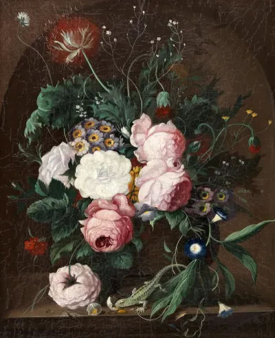 A still life of flowers with a lizard on a stone ledge