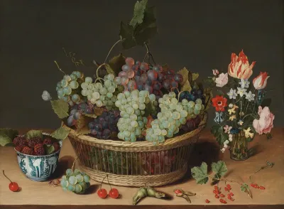 A still life of grapes in a basket, mulberries in a wanli kraak porcelain bowl and flowers in a glass vase on a stone ledge