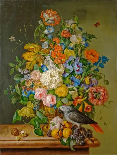 A still life of roses, hydrangeas, poppies and other flowers in an urn with an African Grey parrot, grapes, peaches and walnuts on a marble ledge