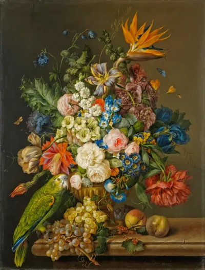 A still life of roses, tulips, a bird of paradise, and other flowers in an urn, beside a green parrot, grapes and peaches on a marble ledge