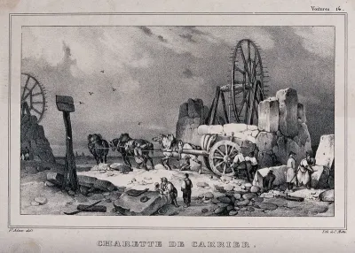 A stone quarry: masons are working the stone, and a team of horses is pulling a cart carrying a massive stone