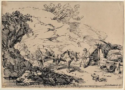 A stone-quarry: quarry workers levering slabs of stone, and a horse-drawn cart loaded with stones