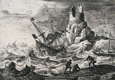 A storm at sea, with a sailing ship being wrecked on rocks