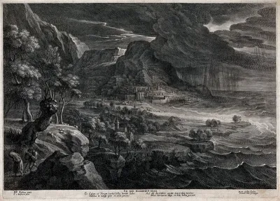 A storm of thunder and lightning, rain, wind and floods threaten an ancient town on the sea-coast; representing conflict