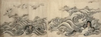 A stormy sea with three seagulls