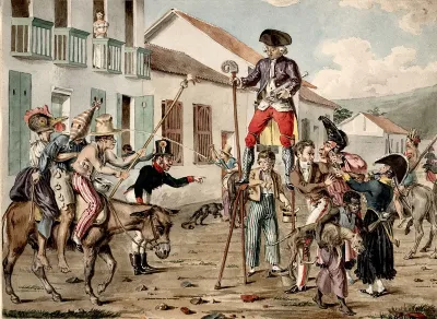 A street carnival in Bogotá, with a battle between personifications of medicine and disease