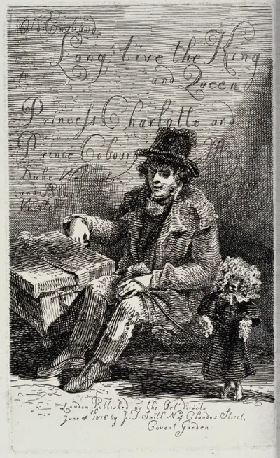 A street entertainer holding his performing poodle on a leash