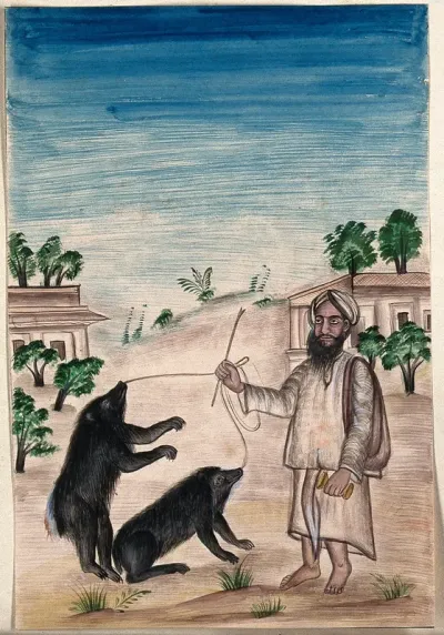 A street entertainer makes two sloth bears on a lead, dance to music as part of an act
