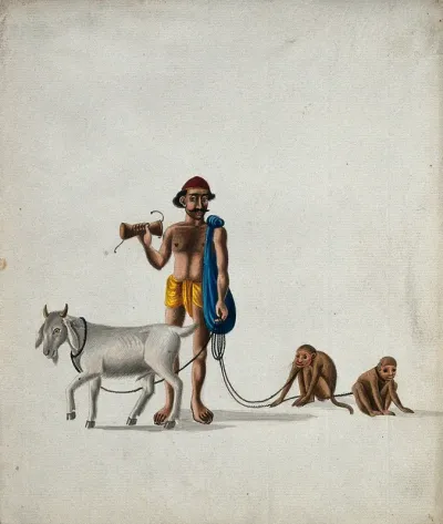 A street entertainer with his performing monkeys and goat