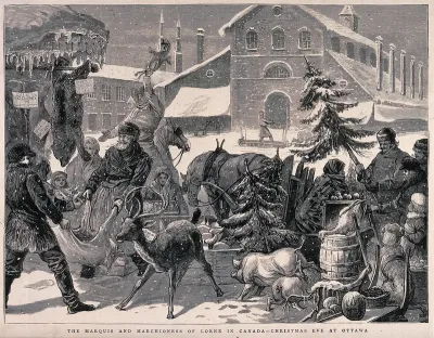 A street market at Christmas time: reindeer, pigs, fruit, turkeys and Christmas trees for sale
