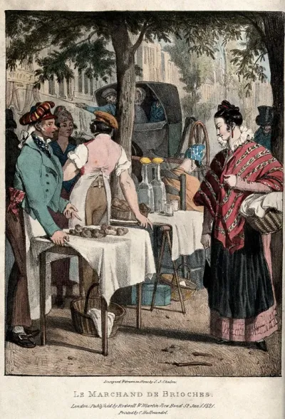 A street market in Paris: a seller of buns is trying to persuade a young woman to buy something from his stall