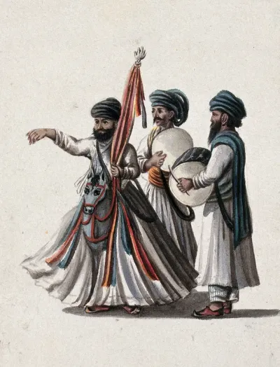 A street performer accompanied by two musicians