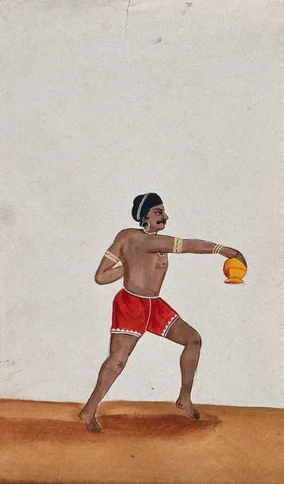 A street performer holding a small pot upside down